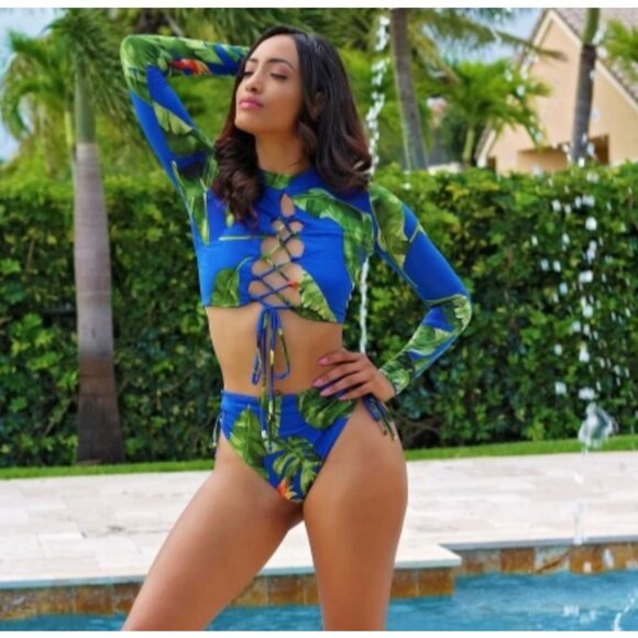 Sexy Women Floral Print Bandage Bikini Set Long Sleeve Bathing Suit SzXL - Picture 1 of 6